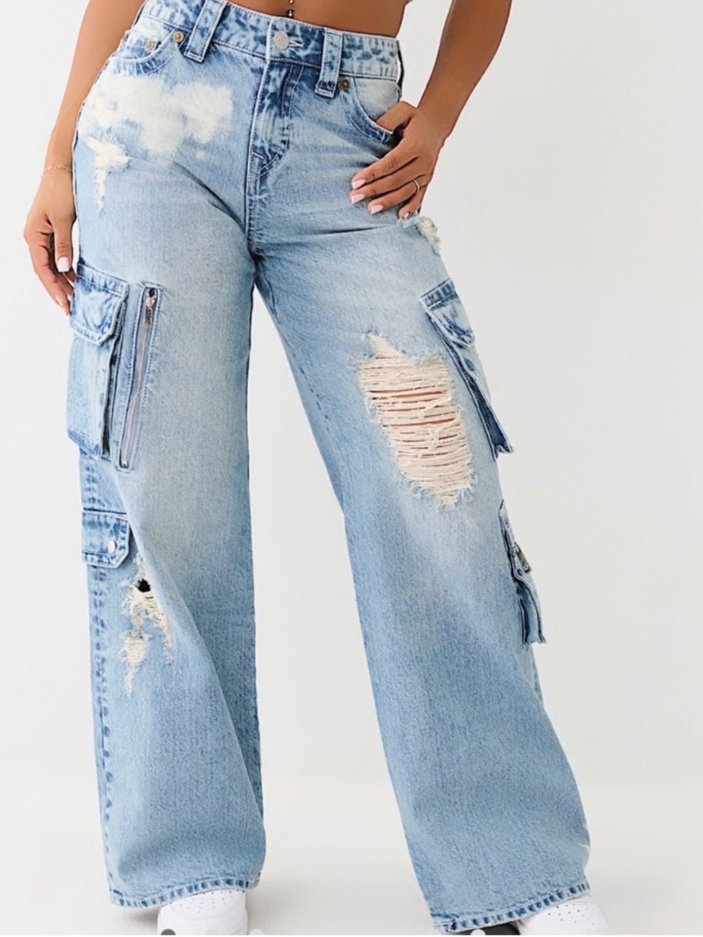 True Religion Light Blue Low Rise Destroyed Bobbi  Baggy Wide Leg Cargo Jeans -